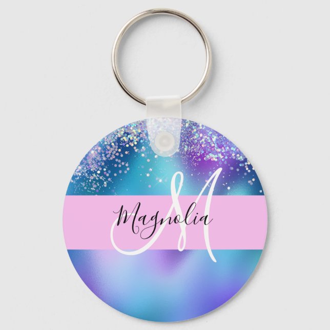 Glam Purple, Blue & Green Glitter Sparkle Monogram Key Ring (Front)
