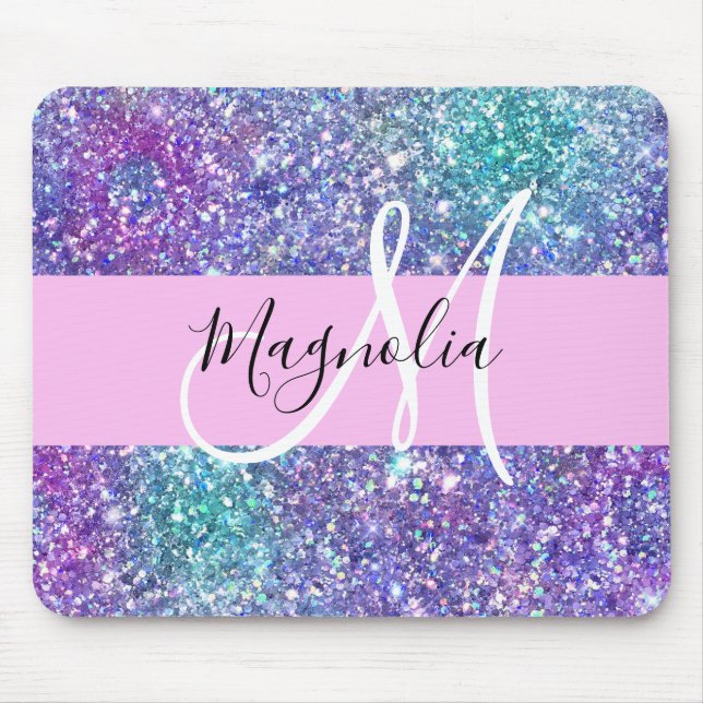 Glam Purple, Blue & Green Glitter Sparkle Monogram Mouse Mat (Front)
