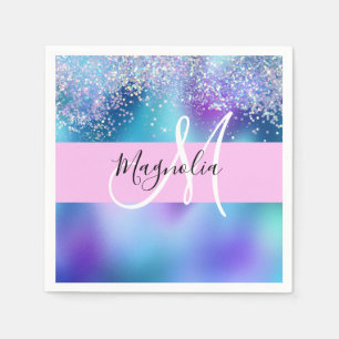 Glam Purple, Blue & Green Glitter Sparkle Monogram Napkin