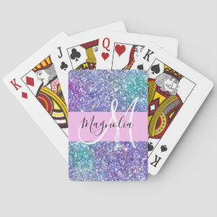 Glam Purple, Blue & Green Glitter Sparkle Monogram Playing Cards