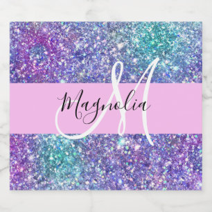 Glam Purple, Blue & Green Glitter Sparkle Monogram Sparkling Wine Label