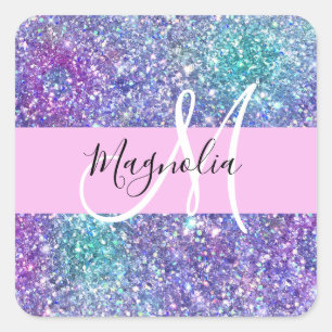 Glam Purple, Blue & Green Glitter Sparkle Monogram Square Sticker