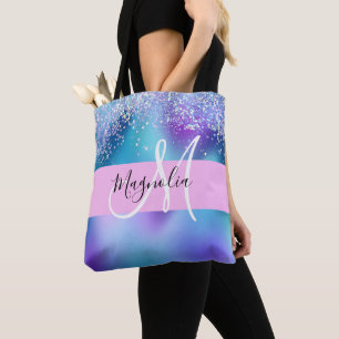 Glam Purple, Blue & Green Glitter Sparkle Monogram Tote Bag