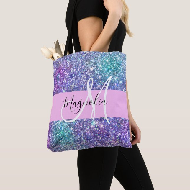 Glam Purple, Blue & Green Glitter Sparkle Monogram Tote Bag (Close Up)