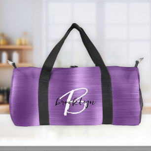 Glam Purple Brushed Metal Black White Monogram Duffle Bag
