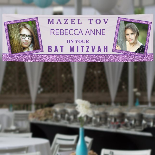 Glam Purple Chic 2 Photo Birthday Bat Mitzvah Banner (It's easy to add your photos and text to this custom purple glam Bat Mitzvah banner sign)