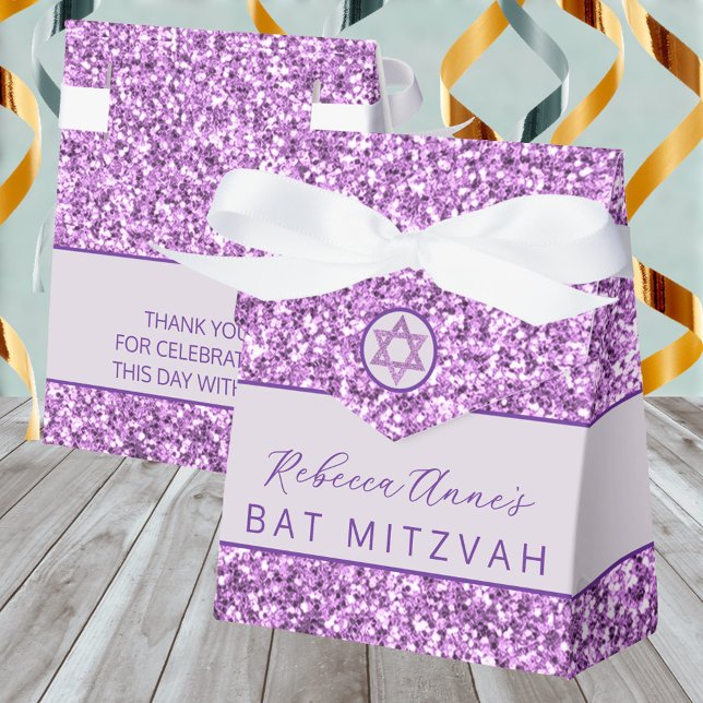 Glam Purple Chic Faux Glitter Bat Mitzvah Party Favour Box (These purple faux glitter favor boxes are an elegant touch for your Bat Mitzvah party)