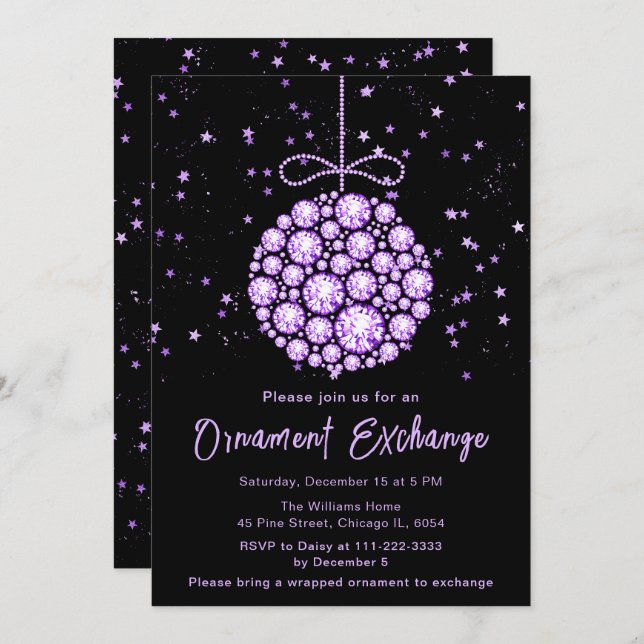Glam Purple Christmas Ornament Exchange Invitation (Front/Back)