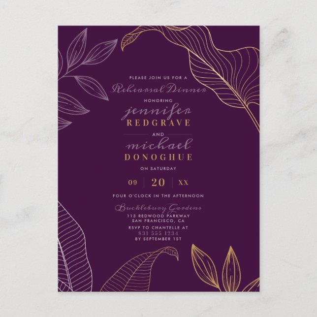 Glam Purple Delicate Buds Subtle Rehearsal Dinner Invitation Postcard (Front)