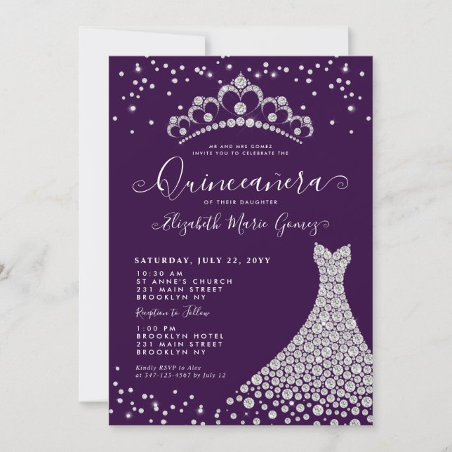 Glam Purple Diamond Sparkle Tiara Gown Quinceanera Invitation (Front)