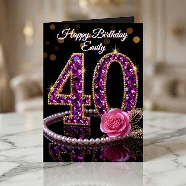 Glam Purple Diamonds Pearls Rose 40th Birthday Card (Creator Uploaded)