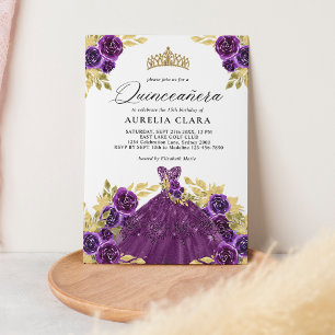 Glam Purple Dress Floral 15th Quinceañera Invitation