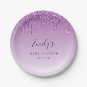 Glam Purple Dripping Glitter Baby Shower Paper Plate