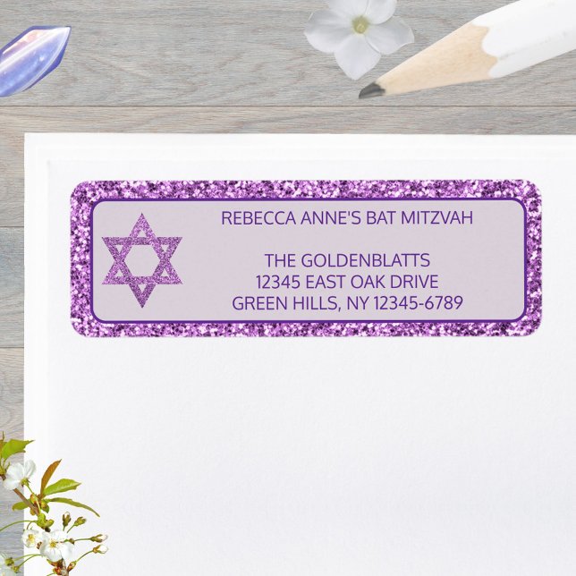 Glam Purple Elegant Star Of David Bat Mitzvah (These purple faux glitter Bat Mitzvah return address labels are easy to personalize)