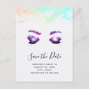 Glam Purple Eyes & Brows Watercolor Save the Date Invitation Postcard