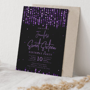 Glam Purple Falling Stars Sweet 16 Birthday Party Invitation