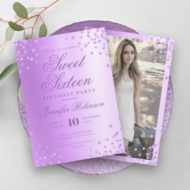 Glam Purple Foil Glitter Confetti Photo Sweet 16   Invitation (Glam Purple Foil Glitter Confetti Photo Sweet 16 Invitation)