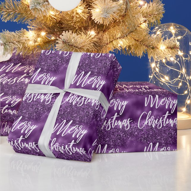 Glam Purple Foil Glitter Merry Christmas Script Wrapping Paper (Holidays)
