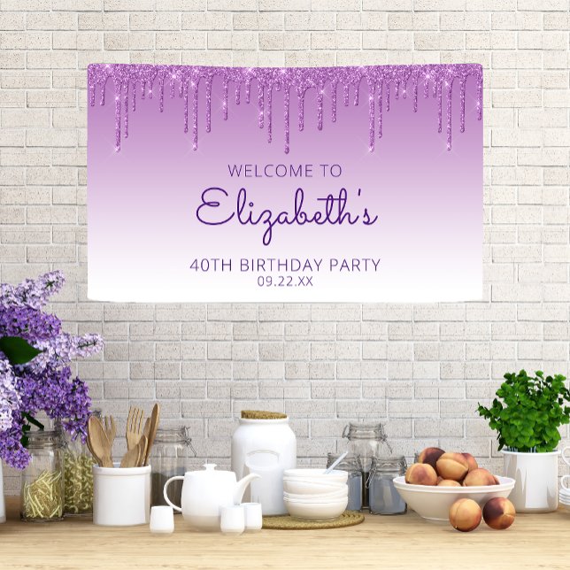 Glam Purple Glitter Drip 40th Birthday Banner (Creator Uploaded)