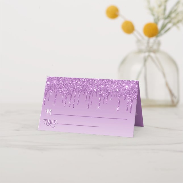 Glam Purple Glitter Drip Elegant Personalised Place Card (Front)