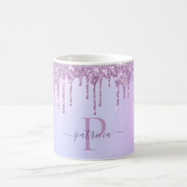 Glam Purple Glitter Drips Elegant Monogram Coffee Mug (Center)
