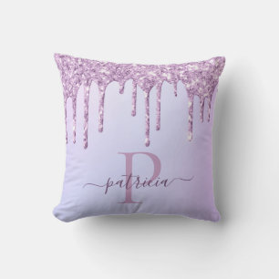 Glam Purple Glitter Drips Elegant Monogram  Cushion
