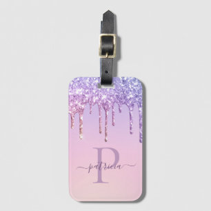 Glam Purple Glitter Drips Elegant Monogram Luggag Luggage Tag