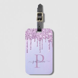 Glam Purple Glitter Drips Elegant Monogram Luggage Tag