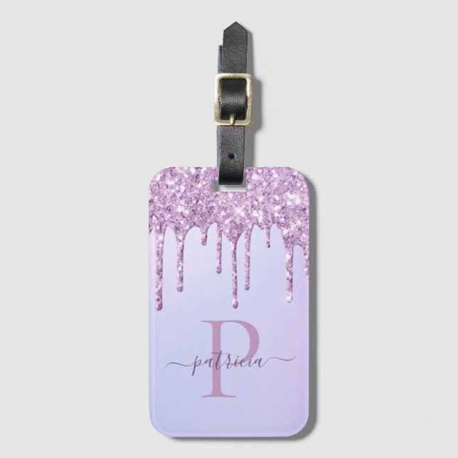 Glam Purple Glitter Drips Elegant Monogram  Luggage Tag (Front Vertical)