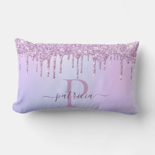 Glam Purple Glitter Drips Elegant Monogram  Lumbar Cushion