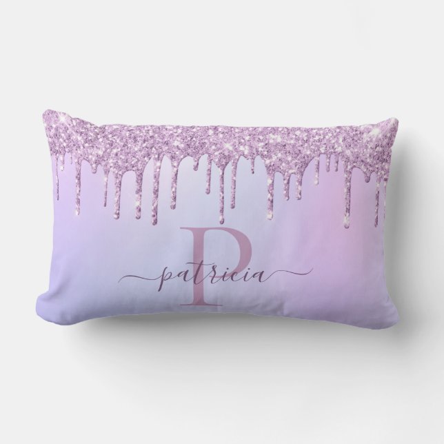Glam Purple Glitter Drips Elegant Monogram  Lumbar Cushion (Front)