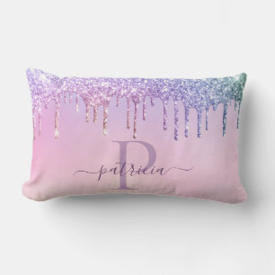Glam Purple Glitter Drips Elegant Monogram  Lumbar Lumbar Cushion