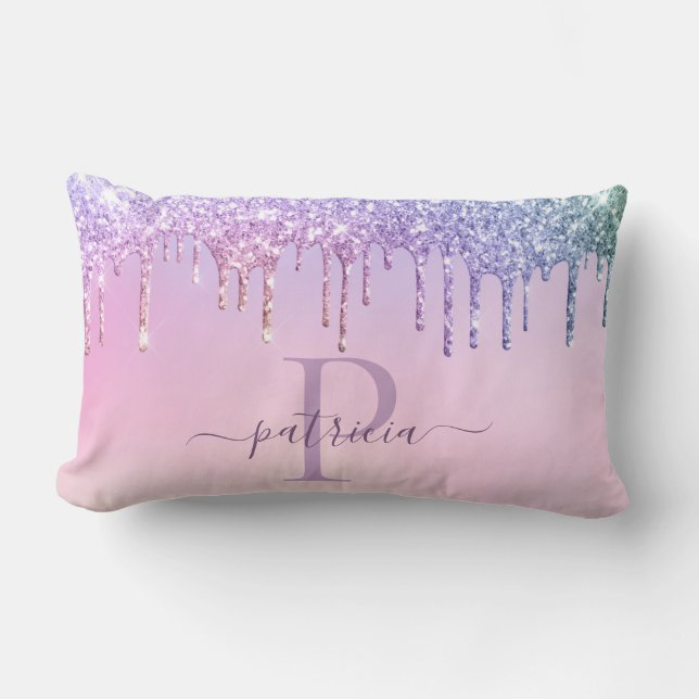 Glam Purple Glitter Drips Elegant Monogram  Lumbar Lumbar Cushion (Front)