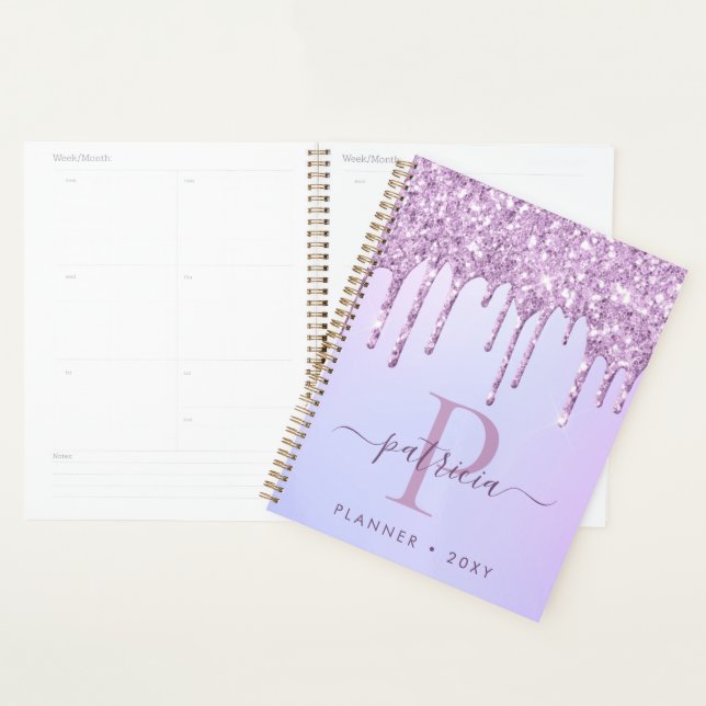Glam Purple Glitter Drips Elegant Monogram Planner (Display)