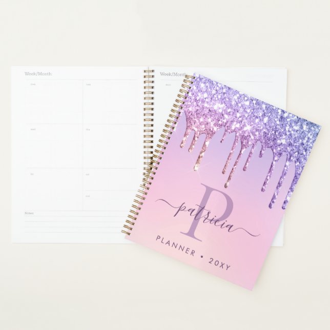 Glam Purple Glitter Drips Elegant Monogram Planner (Display)