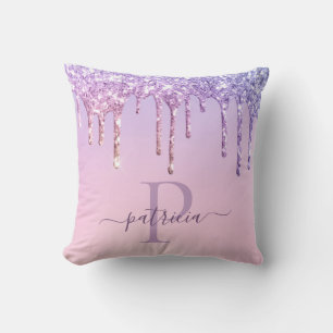 Glam Purple Glitter Drips Elegant Monogram  Throw  Cushion