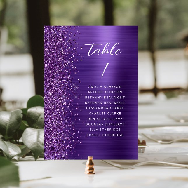 Glam Purple Glitter Metallic Script Wedding Table Number (Creator Uploaded)