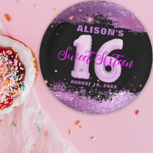 Glam Purple Glitter Pink Balloon Sweet 16 Birthday Paper Plate