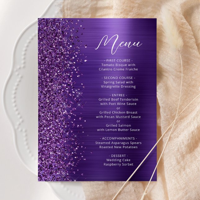 Glam Purple Glitter Script Wedding Menu (Creator Uploaded)