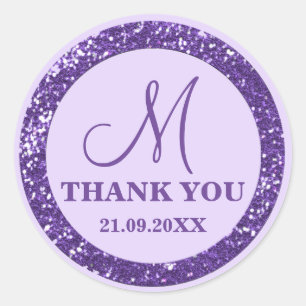 Glam Purple Glitter Thank You Monogram Classic Round Sticker