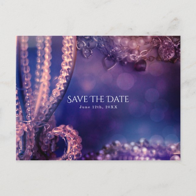 Glam Purple Glow Chic Glamour Pearls Save the Date Announcement Postcard (Front)