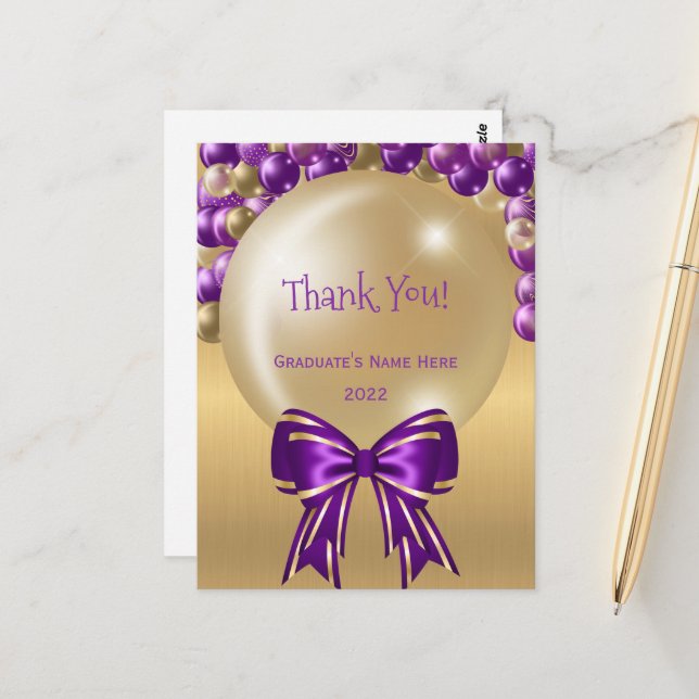 Glam Purple Gold Balloon Bow Thank You Graduation Postcard (Front/Back In Situ)