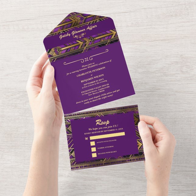 Glam Purple & Gold Gatsby Art Deco 1920s Wedding All In One Invitation (Tearaway)