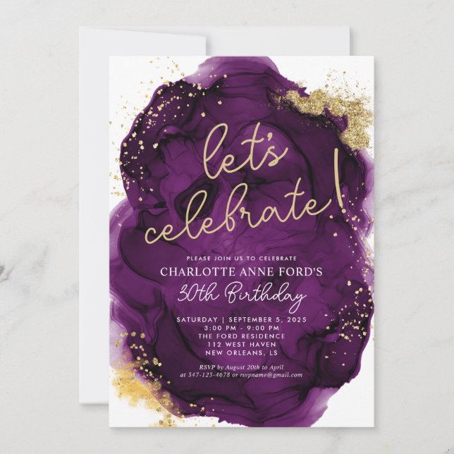 Glam Purple Gold Glitter Alcohol Ink Birthday Invitation (Front)
