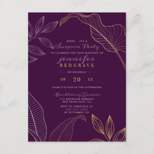 Glam Purple & Gold Leaves Modern Surprise Party Invitation Postcard