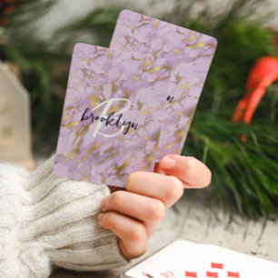 Glam Purple Gold Marble Script Monogram Playing Cards