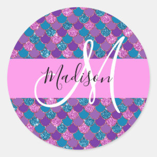 Glam Purple Mermaid Glitter Sparkles Monogram Name Classic Round Sticker
