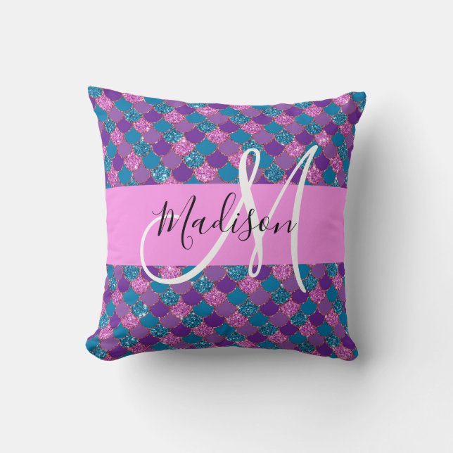 Glam Purple Mermaid Glitter Sparkles Monogram Name Cushion (Front)