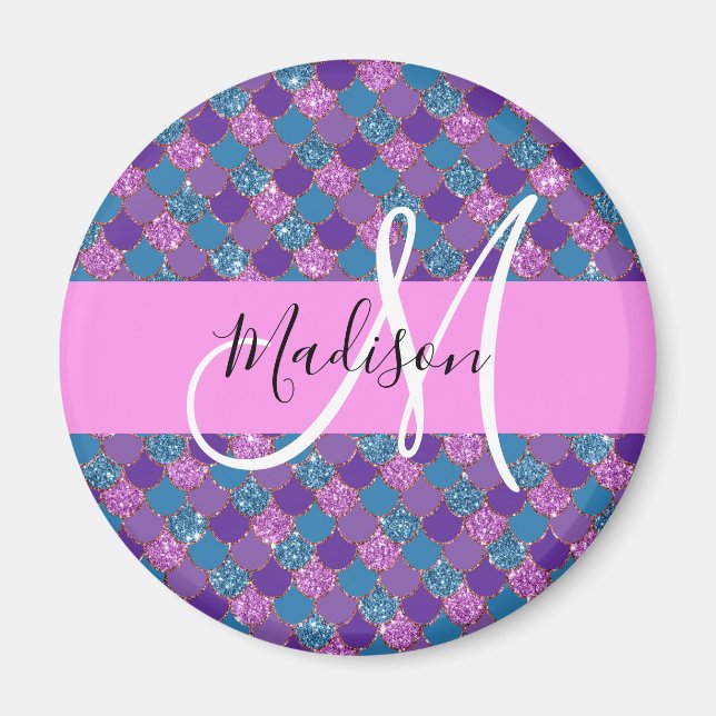 Glam Purple Mermaid Glitter Sparkles Monogram Name Magnet (Front)
