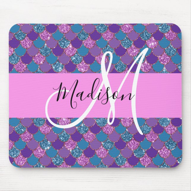 Glam Purple Mermaid Glitter Sparkles Monogram Name Mouse Mat (Front)
